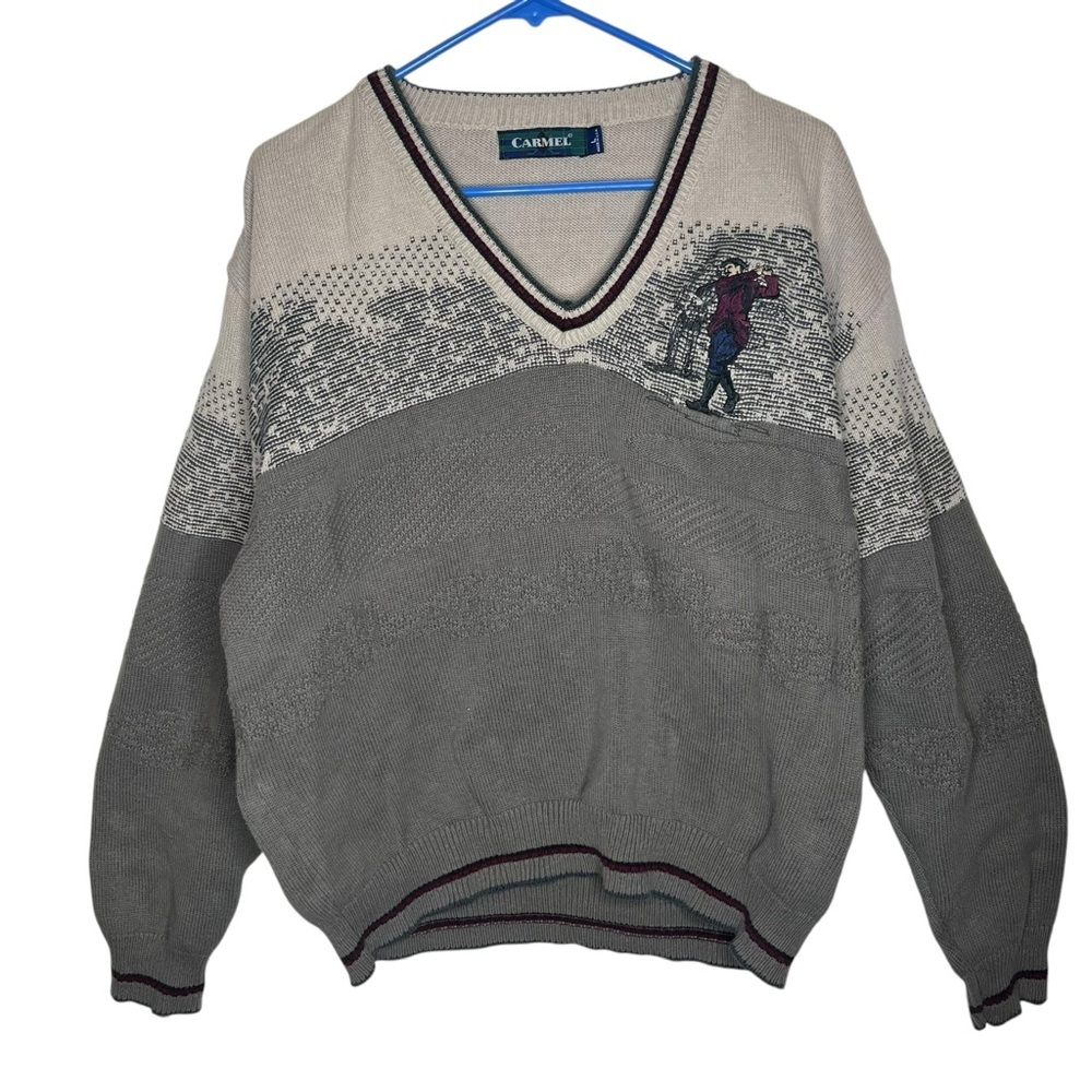 Vintage Caramel Gray and Cream Golf V-Neck Sweater with Textured Design